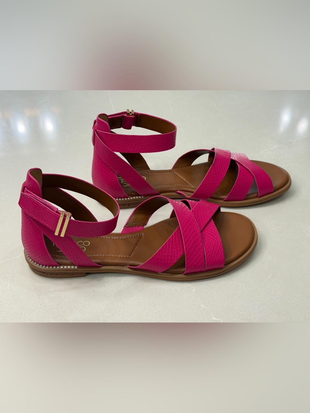 Franco Sarto Giola Flat Sandals Pink Croc Snake Embossed Ankle Strap Sz 9.5M
